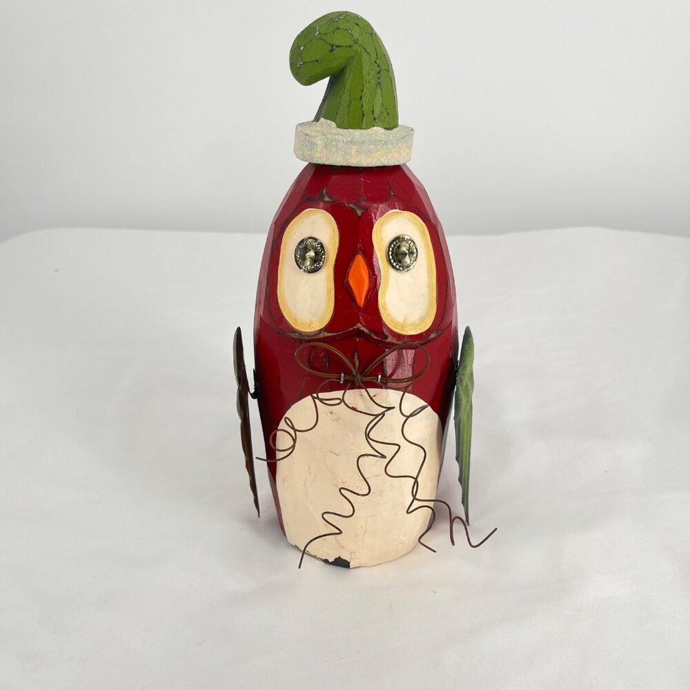 Whimsical Red & Green Owl Wooden Christmas Decoration With Santa Hat